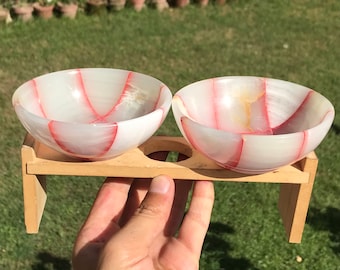 2 White Calcite Bowls Dyed With Red Color # Shape. / Kitchen , Table , Room , Home , Office Decoration  (B)