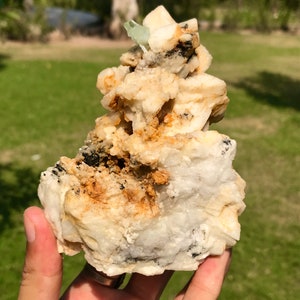 May include: A raw, natural mineral specimen featuring a cluster of off-white, beige, and black crystalline formations. A small, light green crystal is visible at the top. The mineral is held in a hand against a backdrop of green grass.