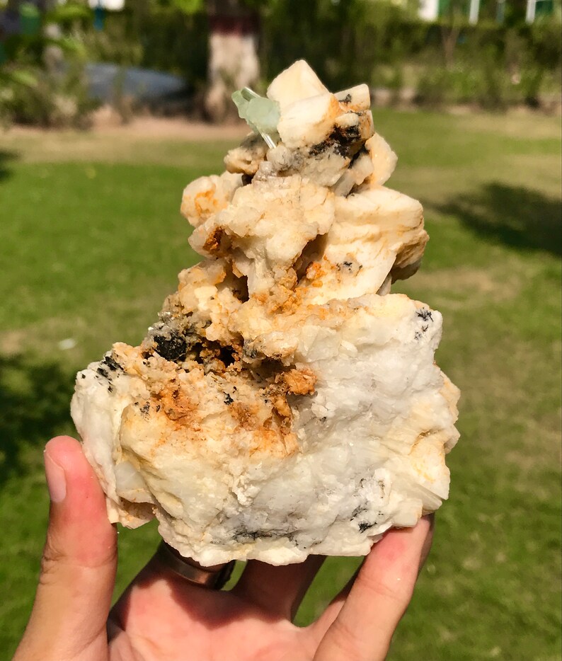 May include: A raw, natural mineral specimen featuring a cluster of off-white, beige, and black crystalline formations. A small, light green crystal is visible at the top. The mineral is held in a hand against a backdrop of green grass.
