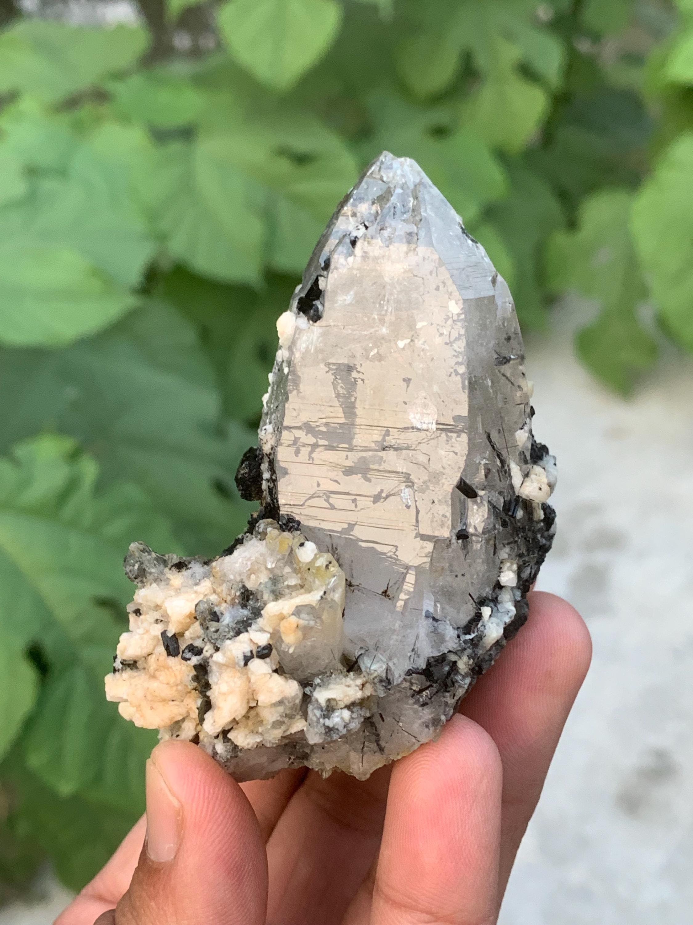 ブラックトルマリンとアルバイト入り水晶標本、スカルドゥ（パキスタン