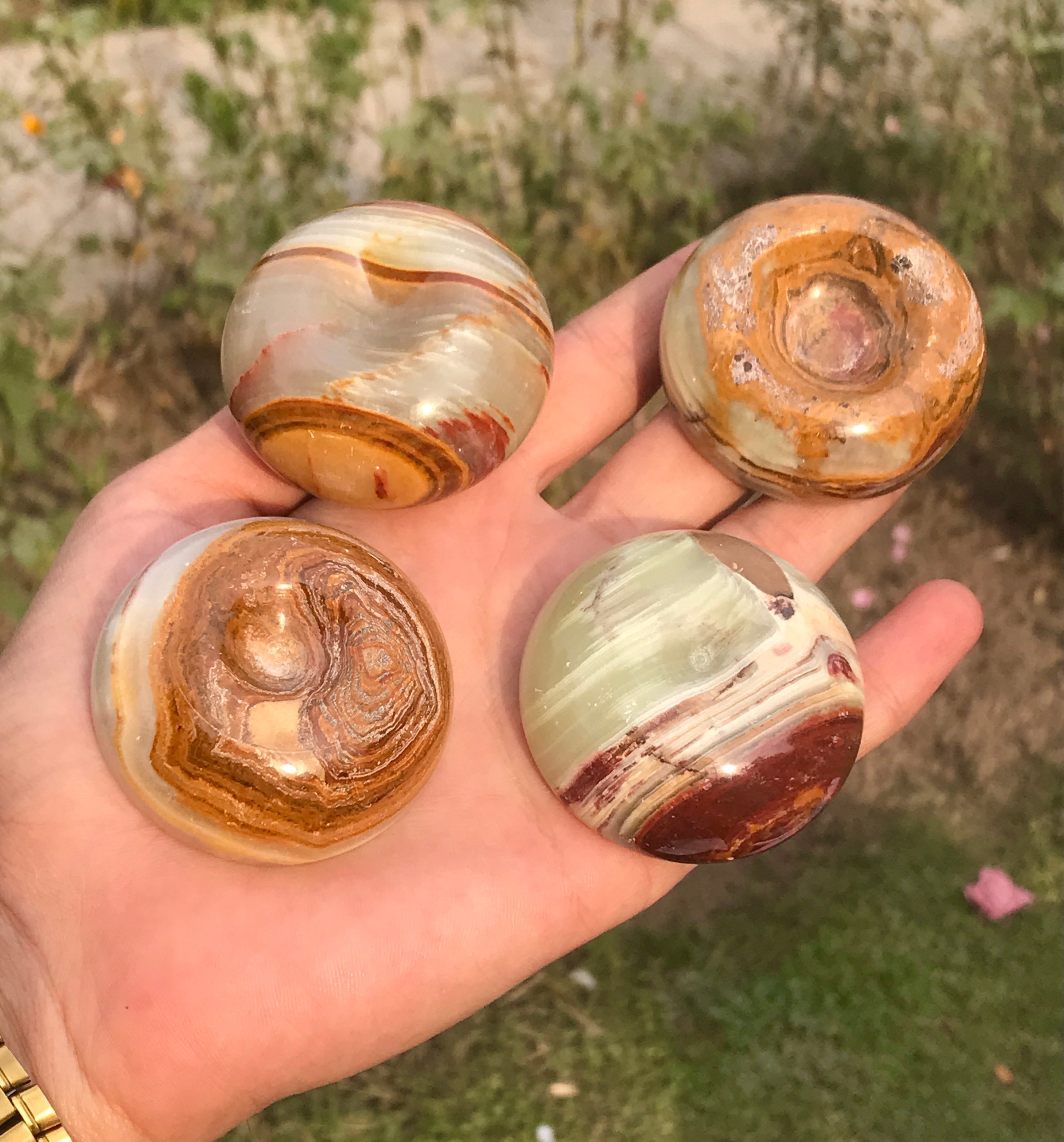 4 個のグリーン オニキス 球体スタンド、ハンドメイド/球体スタンド