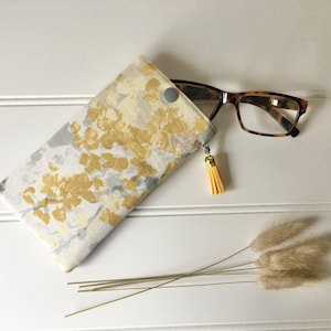 Silver Birch design glasses case with ochre coloured tassel,soft glasses case, pretty silver birch glasses case,sunglasses case,gift for her