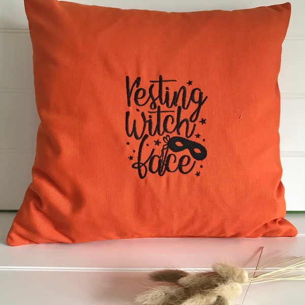 Halloween Cushion Cover with Black Embroidered Text, Halloween Cushion Cover,Orange Cover with Halloween Embroidery, Halloween Home Decor