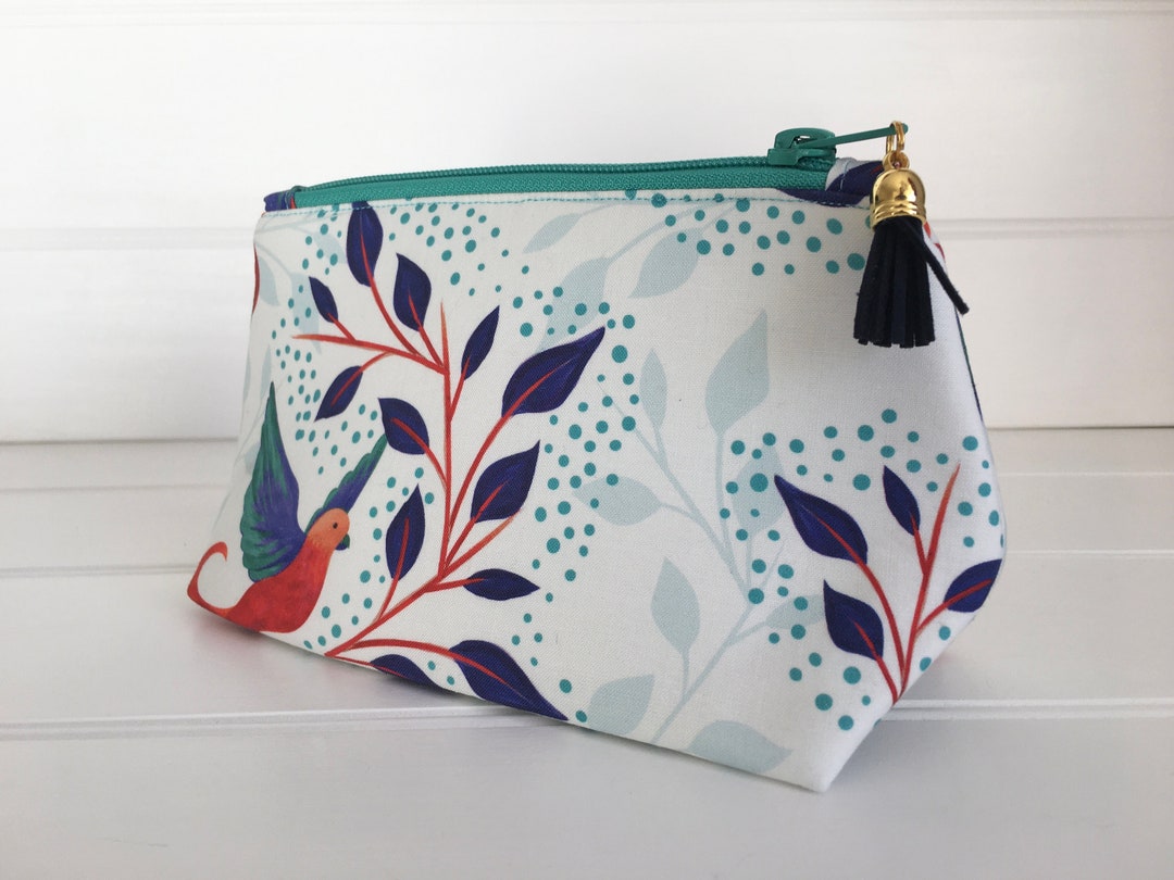 White Make up Bag With Birds of Paradise Design Turquoise Zip - Etsy UK