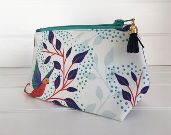 White Make up Bag with Birds of Paradise design turquoise  zip navy tassel and dark turquoise waterproof lining,Gift for Her, Gift for Mum