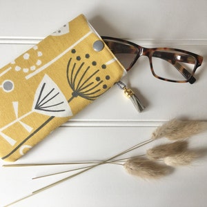 Yellow Scandi Glasses Case with modern Floral design and grey tassel,Ochre glasses case with grey tassel,soft yellow glasses case