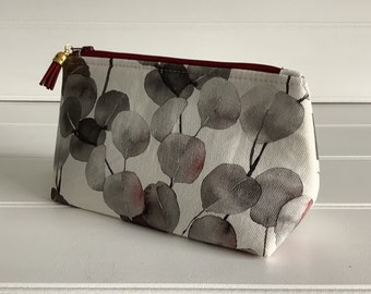 Blush and Grey Flat Bottomed Honesty Leaf Design Make-up Bag, Cosmetic Bag with Botanical Pattern, Gift for Her