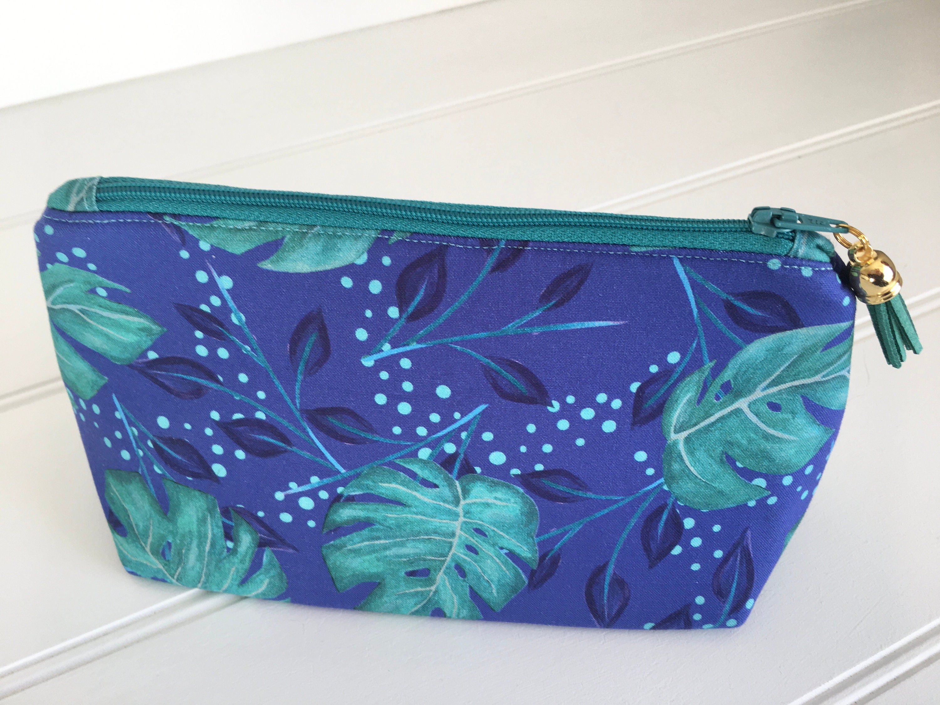 Blue and Green Make up Bag With Monstera Design Turquoise Zip - Etsy UK