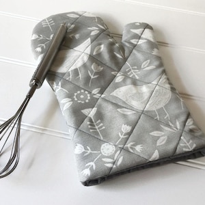 Grey Scandi Print Oven Glove, Narvik Print Oven Glove, Grey and White Oven Glove, Bird Oven Glove, Heat Resistant Oven Glove