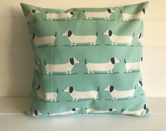 Blue Cotton Cushion Cover with Sausage Dog Design, 100% Cotton Dachshund Cushion Perfect Gift for Dog Lover, Fun Lounge or Bedroom Decor