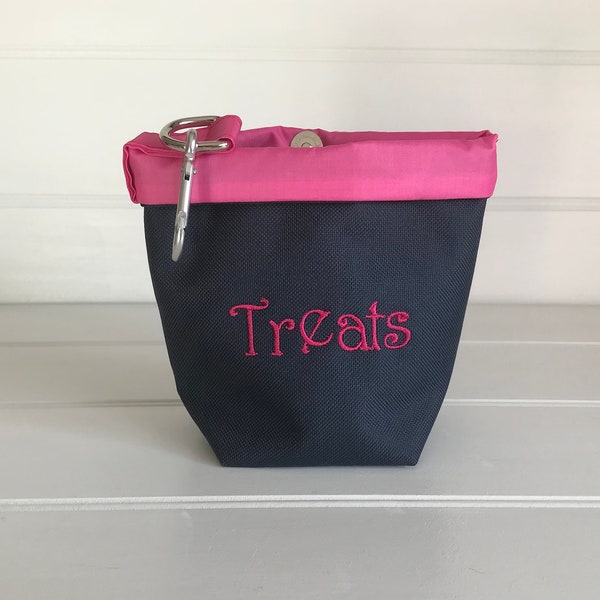 Pink Dog Treat Pouch, Navy and Hot Pink Bag for Dog Treats, Wipe Clean Dog Treat Bag with Lanyard and Clip, Embroidered Bag for Dog Training