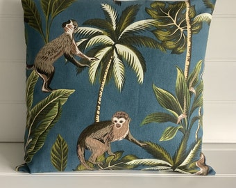 Navy Blue Tropical Cushion Cover with Monkey Design and Palm Trees, Animal Themed Cushion for Lounge or Conservatory with Tropical Leaves