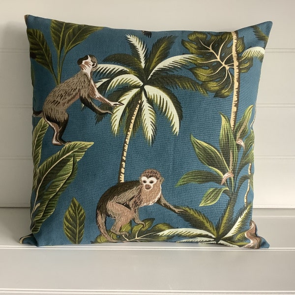 Navy Blue Tropical Cushion Cover with Monkey Design and Palm Trees, Animal Themed Cushion for Lounge or Conservatory with Tropical Leaves