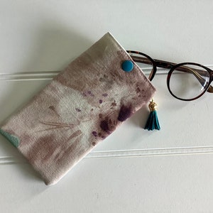 Dusky Pink and Blue Floral Glasses Case with Teal Tassel and Kam Snap Closer, Soft Sunglasses Case with padding, Small Mothers Day Gift