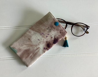 Dusky Pink and Blue Floral Glasses Case with Teal Tassel and Kam Snap Closer, Soft Sunglasses Case with padding, Small Mothers Day Gift