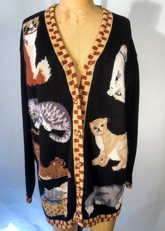Vintage 1990s Storybook Knits Themed Cat Cardigan
