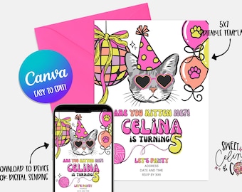 Retro Cat Party Birthday Invitation - Digital Download - DIY Canva Template - Kitty Pawty