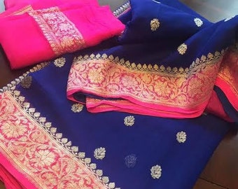 Double Shaded Pure Chiffon Georgette Banarasi Silk Special Occasion Exclusive Zari Saree Designer Weaving Fabric Sari Women Blouse Wedding