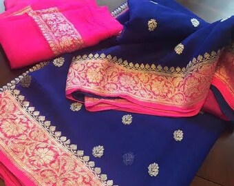 Double Shaded Pure Chiffon Georgette Banarasi Silk Special Occasion Exclusive Zari Saree Designer Weaving Fabric Sari Women Blouse Wedding