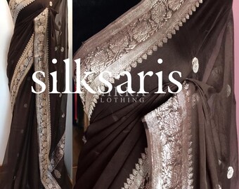 Double Shaded Pure Chiffon Georgette Banarasi Silk Special Occasion Exclusive Zari Saree Designer Weaving Fabric Sari Women Blouse Wedding