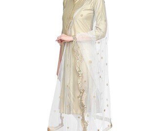 White Solid Chiffon Dupatta Indian Pakistani Designer Chunni Stole Scarves gold embroidered Lehenga Suit Salwar Kameez for Women Girls