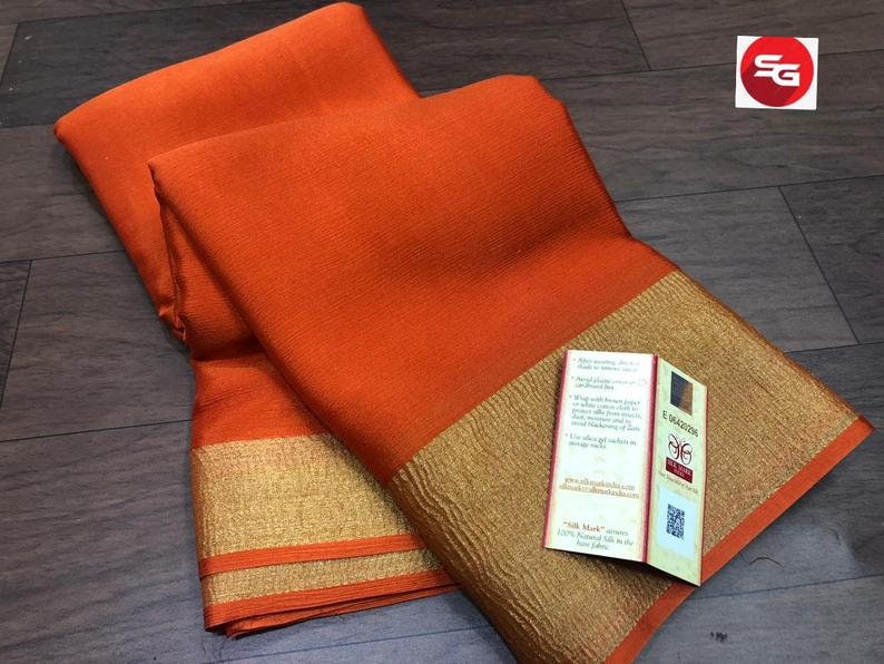 Orange Mysore Handloom Crepe Silk Saree Women Engagement Wear Designer Weaving Fabric Durga Puja Sari Bollywood Wedding SILK MARK CERTIFIED