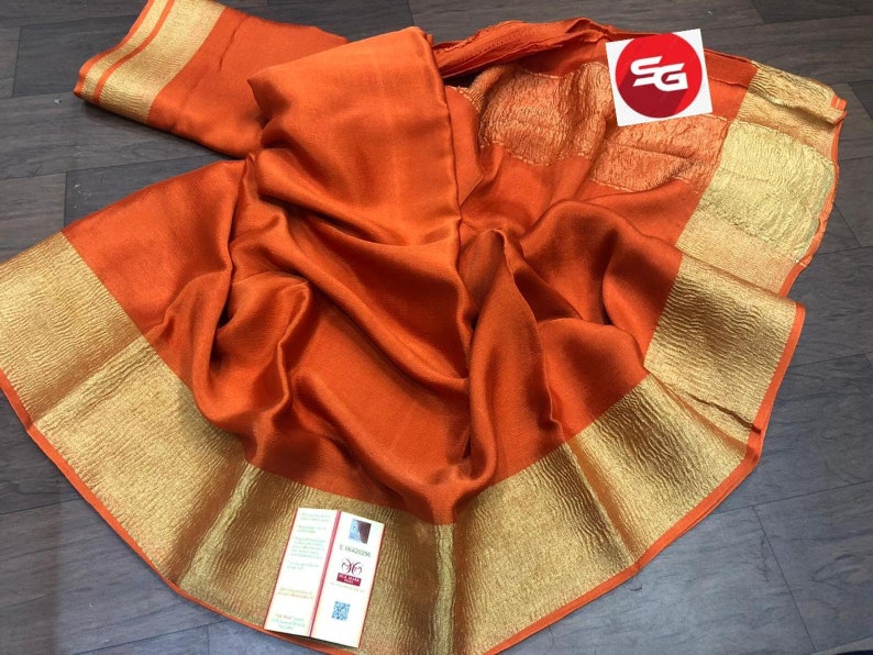 Orange Mysore Handloom Crepe Silk Saree Women Engagement Wear Designer Weaving Fabric Durga Puja Sari Bollywood Wedding SILK MARK CERTIFIED