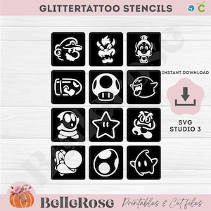 Glitter tattoo sjabloon SVG Stencil Mario Yoshi Gaming Digitaal Snijbestand Plotter Cricut Silhouette Cameo Studio v3 - Directe Download