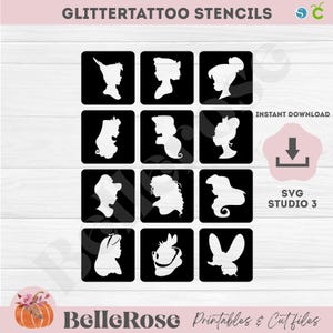 Glittertattoo pochoirs Tatouages a Paillettes SVG dessin animé Fichiers de découpe Téléchargement Numérique Cricut Silhouette Cameo Studio 3