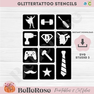 12 Glittertattoo pochoirs Tatouages Paillettes SVG Races de Chiens Fichier de découpe Téléchargement Numérique Cricut Silhouette Cameo v3