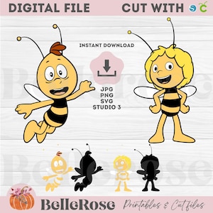 May include: A digital file of a cartoon bee character with yellow and black stripes. The bee is smiling and has a friendly expression. The file is available for instant download in JPG, PNG, and SVG formats.