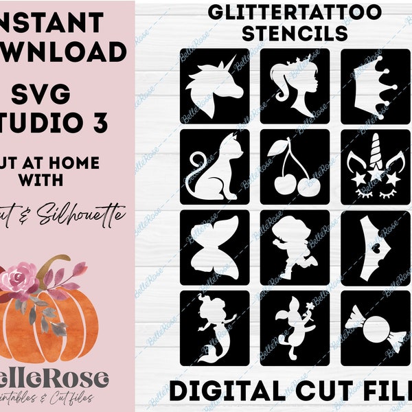 Glitter tattoo sjabloon SVG Stencil Mix voor meisjes Digitaal Snijbestand Plotter Cricut Silhouette Cameo Studio  - Directe Download