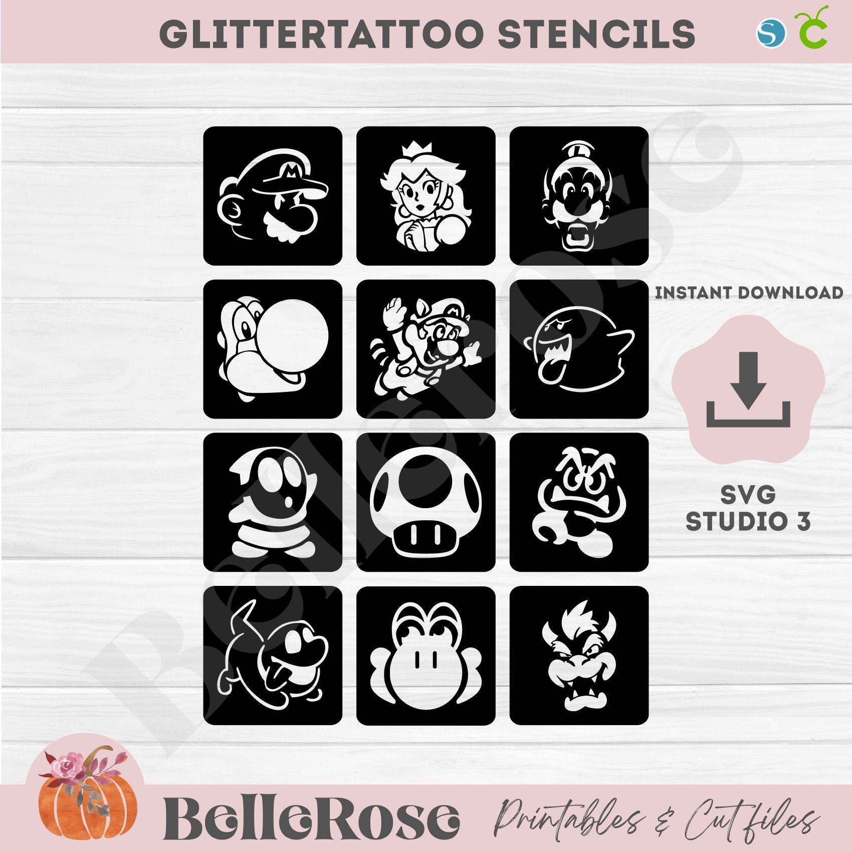12 Sizeable Glittertattoo stencils SVG Stencil Mario Yoshi Gaming Digital cut file bulk Cricut Silhouette Cameo Studio v3 - Instant Download