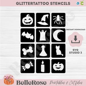 May include: Black and white Halloween glitter tattoo stencils. The stencils feature a pumpkin, witch hat, spider, bat, ghost, moon, bones, potion bottle, cat, candy, candle, and jack-o'-lantern. Text reads "Glittertattoo Stencils" and "Instant Download".