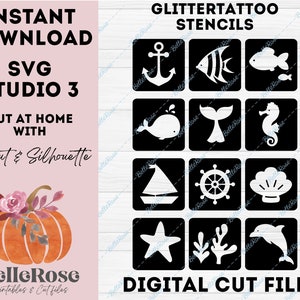 Glittertattoo pochoir Tatouages Paillettes SVG Theme Nautique La mer Fichier découpe Téléchargement Numérique Cricut Silhouette Cameo Studio