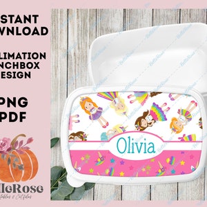 Digital fil för sublimering lunchlåda utskrivbar enhörning flickor design PDF PNG lunchlåda regnbåge enhörningar tillbaka till skolan direkt nedladdning