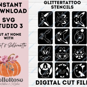 Glittertattoo pochoirs Tatouages Paillettes SVG Pocket Monsters Fichier de découpe Téléchargement Numérique Cricut Silhouette Cameo Studio 3