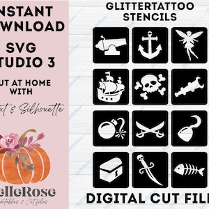 12 Glitter tattoo stencils Temporary tattoos SVG Pirate Theme Pirates DIGITAL cut file Cricut Silhouette cameo studio - Instant download