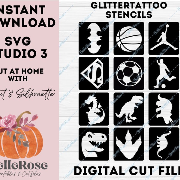 12 Glitzer Tattoo Schablonen SVG Schablone Mix für Jungen Dino Fußball Superhelden Digital geschnitten Datei Cricut Silhouette Cameo Studio Sofort Download
