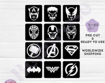 Supereroi - Stencil per tatuaggi glitterati - Tema supereroi - Stencil per tatuaggi temporanei all'ingrosso, pretagliati e pronti all'uso