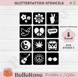 12 stencil tatuaggio Glitter SVG Flower Power Download digitale File di taglio Cricut Maker Silhouette cameo studio Tema festa Love Peace Hippie anni '70