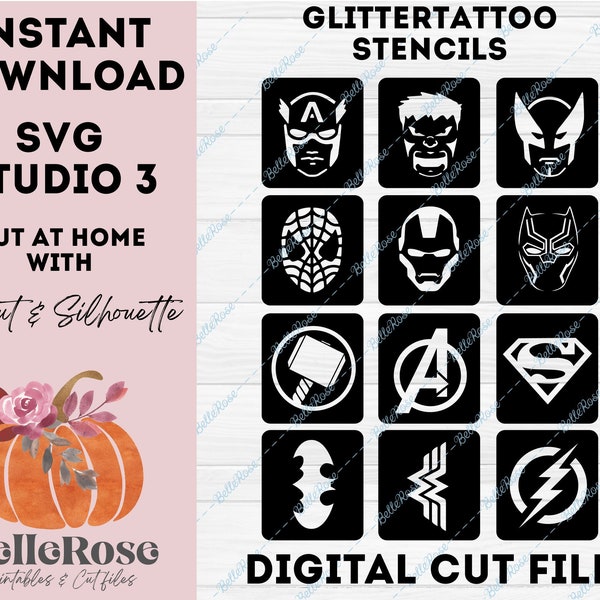 12 Stencil tatuaggio glitter SVG Supereroe preferito File di taglio digitale Cricut Silhouette cameo Stencil tema eroe supereroi - Download istantaneo