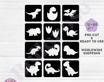 Lindos dinosaurios - Plantillas de tatuajes con purpurina - Tema de dinosaurios - Plantillas de pintura corporal para tatuajes temporales a granel. Precortadas y listas para usar.
