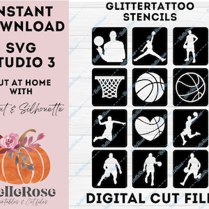 Glittertattoo pochoirs Tatouage Paillettes SVG Basket Basketball Fichier de découpe Téléchargement Numérique Cricut Silhouette Cameo Studio