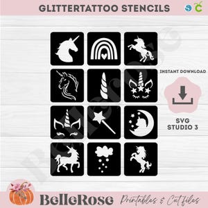 Glittertattoo pochoirs Tatouages Paillettes SVG Licornes Cheval Fichier de découpe Téléchargement Numérique Cricut Silhouette Cameo Studio 3