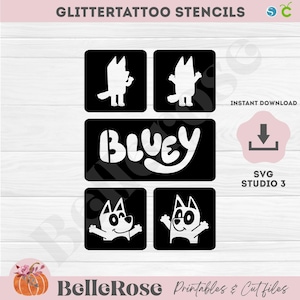Può includere: Stencil per tatuaggi glitterati in bianco e nero con personaggi di Bluey e la parola "Bluey". Gli stencil sono di forma quadrata, con un'opzione di download immediato. L'immagine include anche il testo "BelleRose Printables & Cut Files".