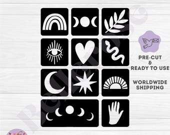 Boho Chic - Plantillas de tatuajes con purpurina - Tema bohemio - Plantillas de pintura corporal para tatuajes temporales a granel, precortadas y listas para usar.