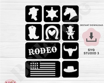 Op de afbeelding: Een verzameling zwarte glittertattoo-sjablonen met witte silhouetten van een cowboy, sheriffster, paardenhoofd, laars, hoefijzer met hart, cowgirl, het woord RODEO, stierenschedel, Amerikaanse vlag en een cowboyhoed op een witte achtergrond.