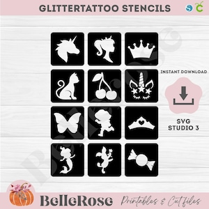 Op de afbeelding: Een digitaal vel met twaalf zwarte vierkante glittertattoo-sjablonen met witte silhouetten van een eenhoornkop, een meisjesprofiel, een kroon, een kat, kersen, een eenhoorngezicht, een vlinder, een rennend kind, een tiara, een zeemeermin, een konijn en een snoepje.