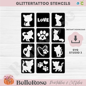 12 Große Glittertattoo Schablonen SVG Schablone Katzenliebhaber Kitty Liebe Digitalschnitt Datei Cricut Silhouette Cameo Studio - Instant Download